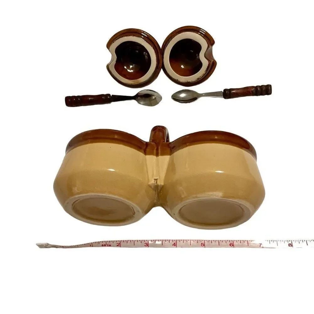 Vintage Double Condiment Jars with Lids and Spoons
